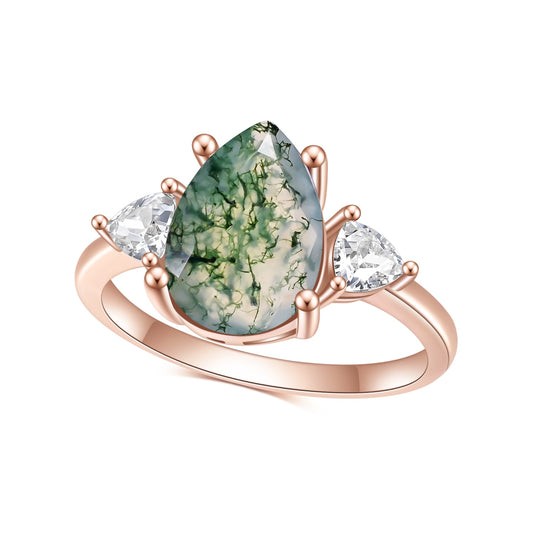 Teardrop Wedding Ring Unique 3.16Ct 8x12mm Natural Moss Agate Engagement Rings in 925 Sterling Silver