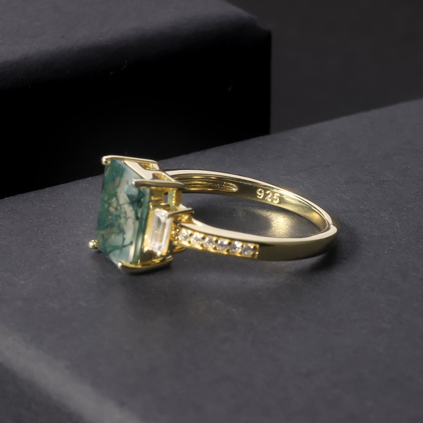 Unique 2.38Ct 7x9mm Octagon Cut Moss Agate There Stone Engagement Ring in 925 Sterling Silver