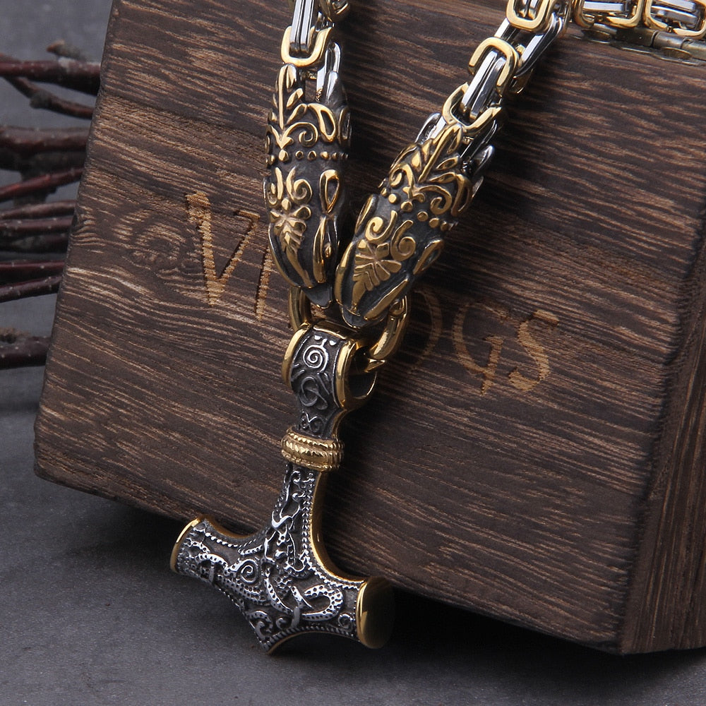 Never Fade Men stainless steel Wolf head norse viking amulet thor hammer pendant necklace
