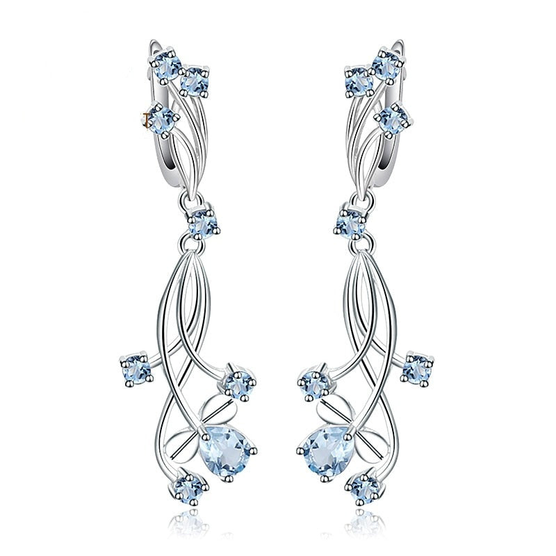 Flower Design 3.89t Natural Sky Blue Topaz Gemstone Drop Earrings For Bridal 925 Sterling Silver