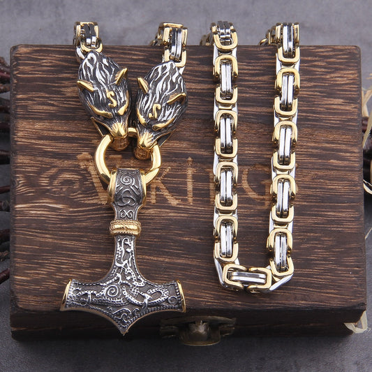 Never Fade Men stainless steel Wolf head norse viking amulet thor hammer pendant necklace