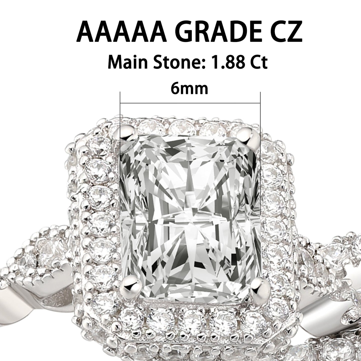 Grand 1.8Ct AAAAA Grade CZ Radiant Cut Wedding Ring Set for Women Solid 925 Sterling Silver Detachable Guard Band