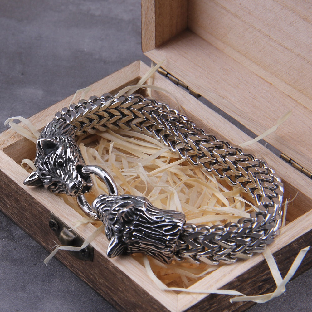 Viking Wolf Charm Bracelet Stainless Steel Wolf Punk Bracelets Biker Jewellery