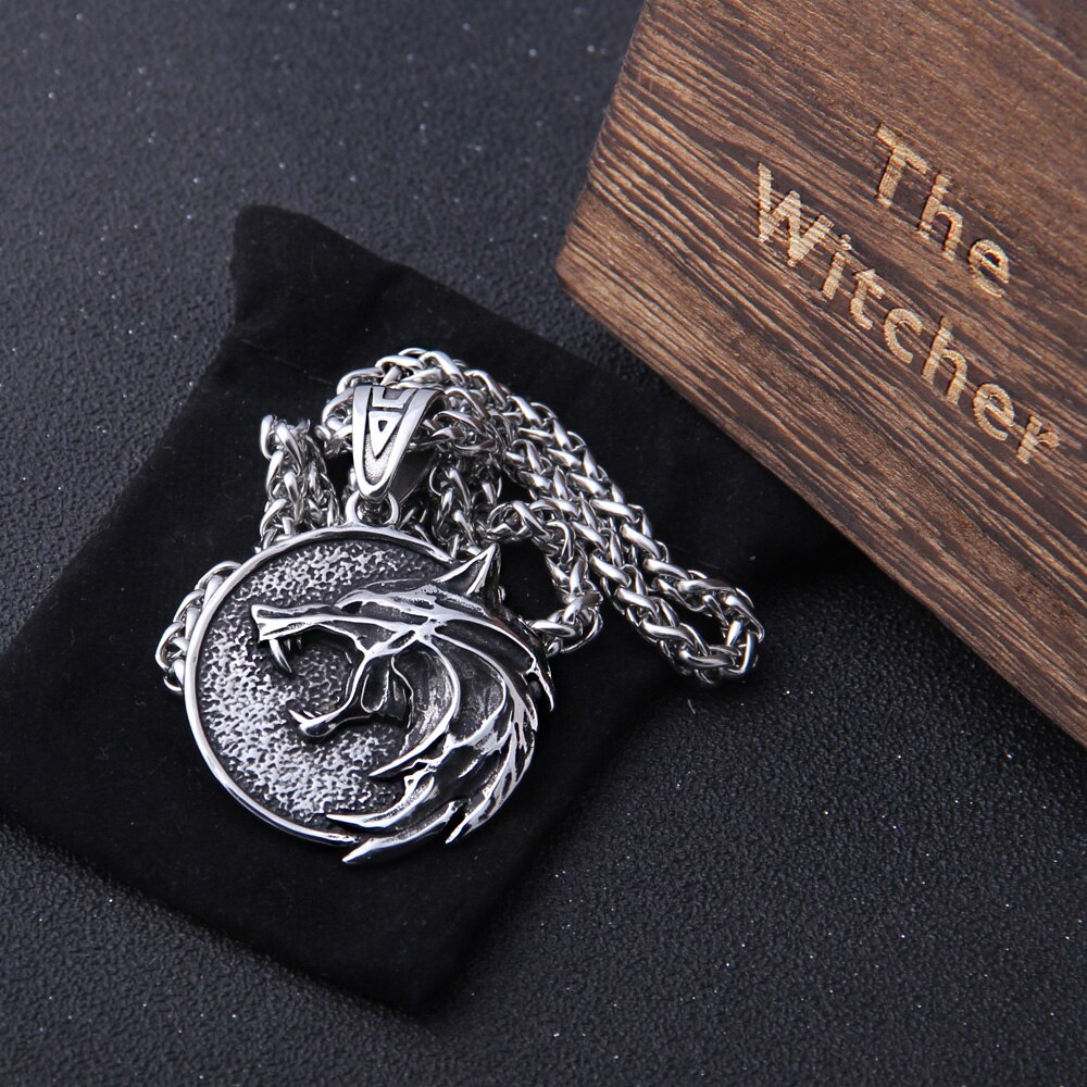 Wizard Wolf Head Pendant Necklace with a The Wild Hunt 3 Figure TV