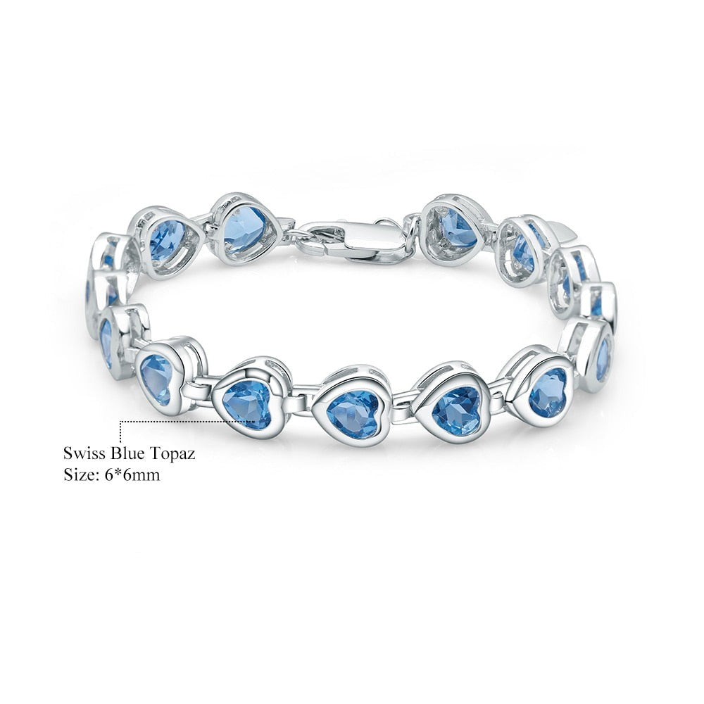 Heart Natural Swiss Blue Topaz Chain Link Bracelet Pure 100% 925 Sterling Silver