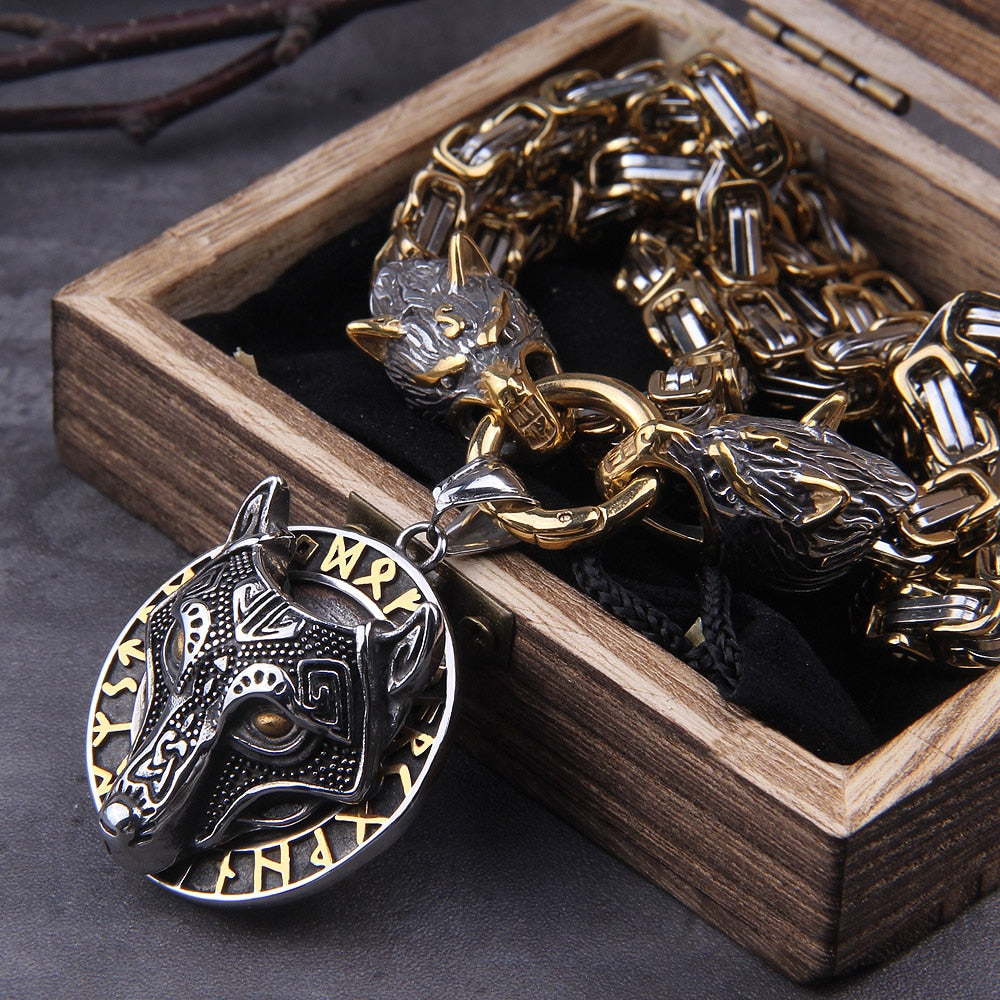 Men stainless steel Wolf head Norse Viking pendant necklace Viking king chain