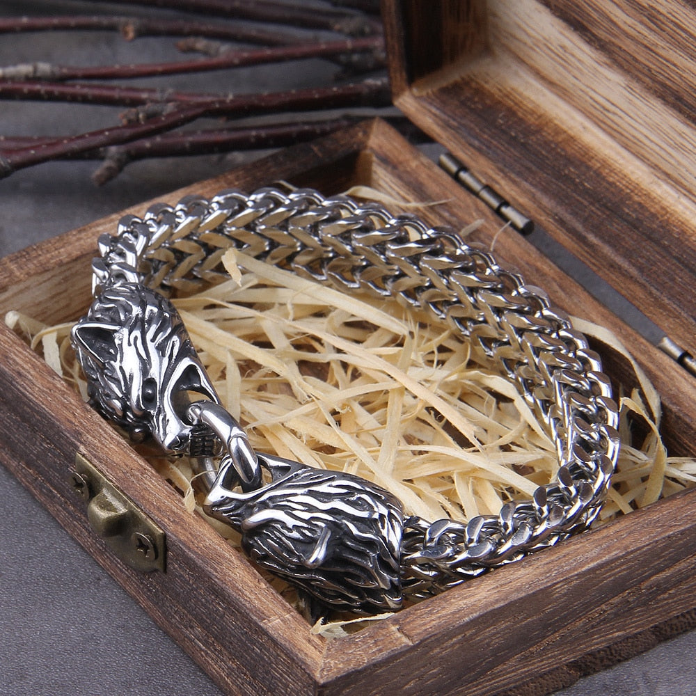 Viking Wolf Charm Bracelet Stainless Steel Wolf Punk Bracelets Biker Jewellery