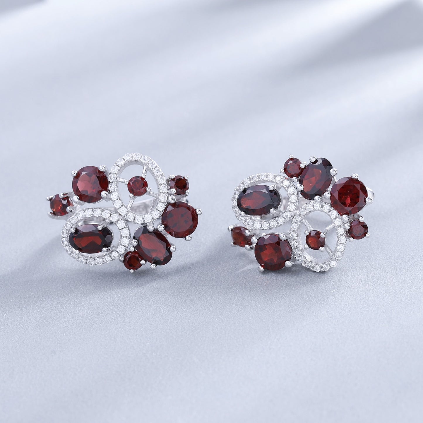 Natural Red Garnet Vintage Flower Jewelry Set 925 Sterling Silver Gemstone Earrings Ring Set For Women