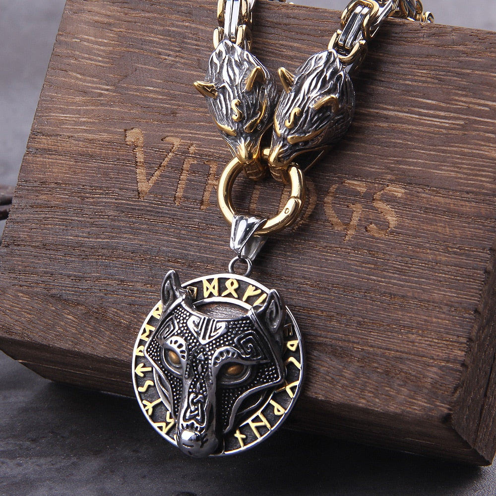 Men stainless steel Wolf head Norse Viking pendant necklace Viking king chain