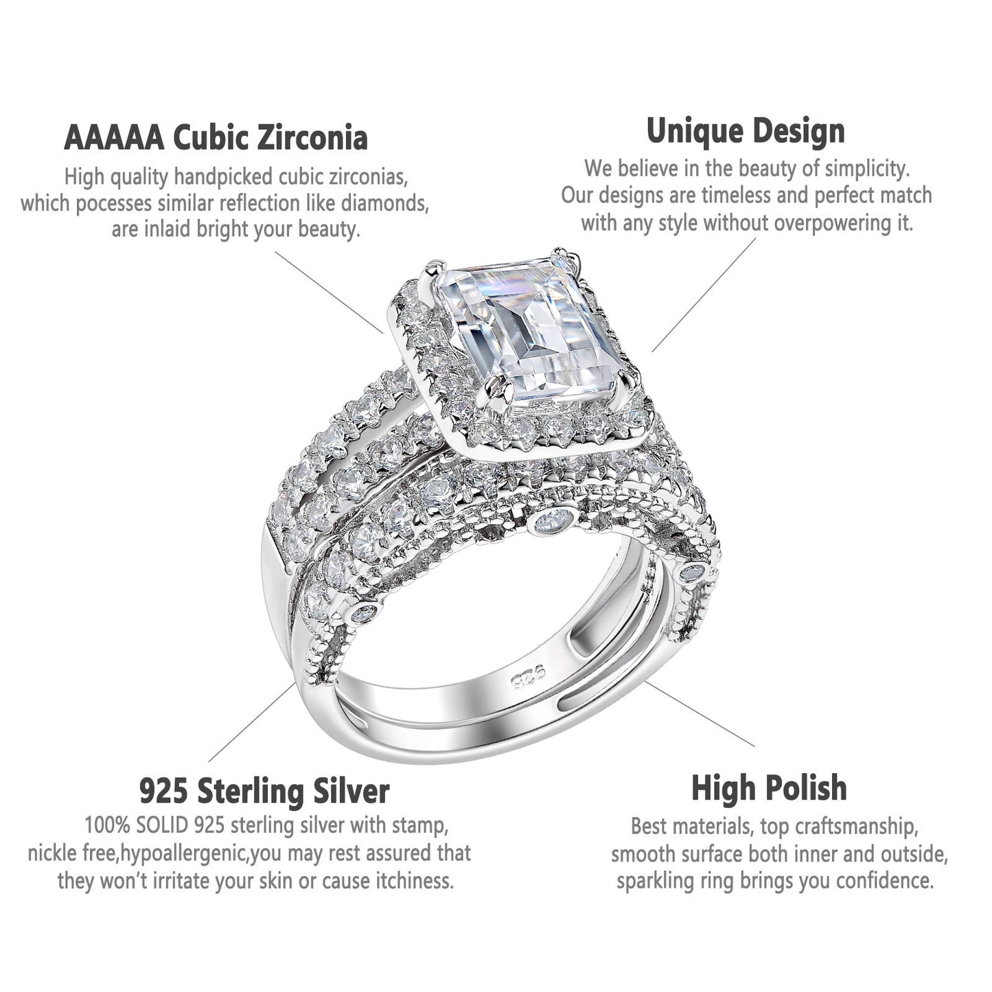 925 Sterling Silver Marquise Emerald Cut AAAAA Cubic Zircon Wedding Engagement Ring Set for Women