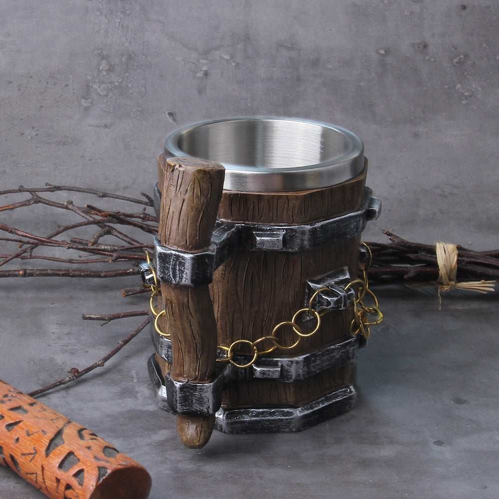 Viking Wood Style Beer Mug Simulation Wooden Barrel Beer Cup with brass Jump Ring Drinking Mug Metal Insulated Bar Drinking