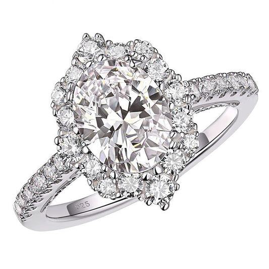 Floral Halo 2.7Ct Oval Cut AAAAA Cubic Zircon Genuine 925 Sterling Silver Engagement Rings