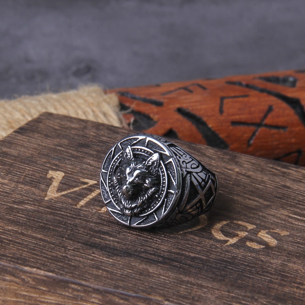 Vikings Jewelry Stainless Steel Viking Wolf ring with wooden box