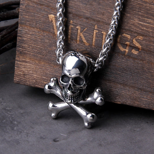 Punk Stainless Steel Skull Chain Pendant Necklace Vintage Hip Hop Statement Necklaces for Men Male Boho Jewelry with wooden box
