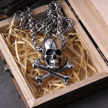 Punk Stainless Steel Skull Chain Pendant Necklace Vintage Hip Hop Statement Necklaces for Men Male Boho Jewelry with wooden box