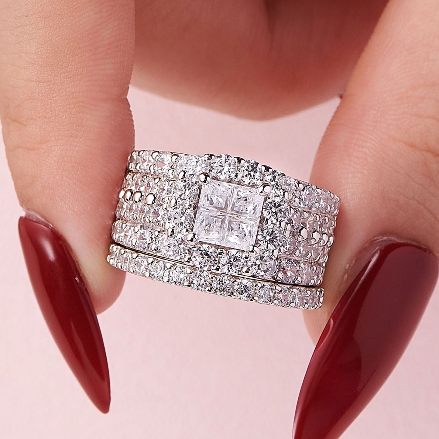 Halo Wedding Rings For Women 4 Carats Cross Cut AAAAA Zirconia Classic Jewelry 925 Sterling Silver Ring Set