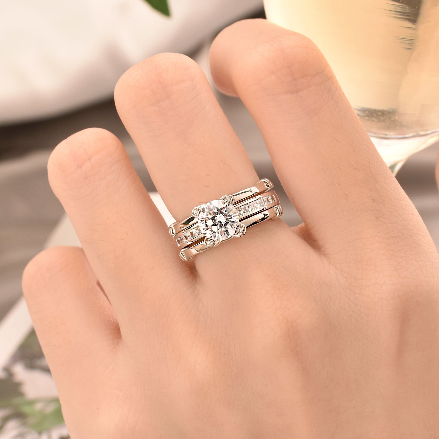 2 Pieces Solid 925 Sterling Silver Novelty Solitaire Round Cut Wedding Engagement Ring Set For Women AAAAA Cubic Zircon