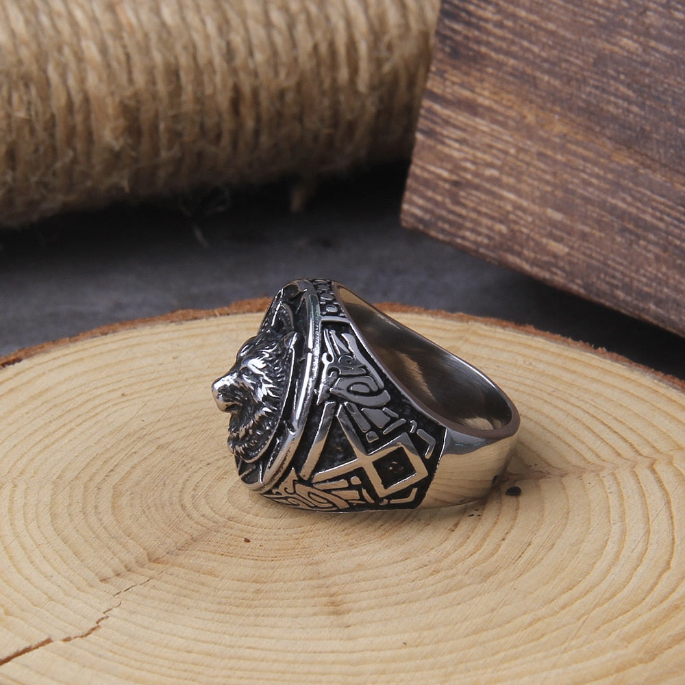 Vikings Jewelry Stainless Steel Viking Wolf ring with wooden box