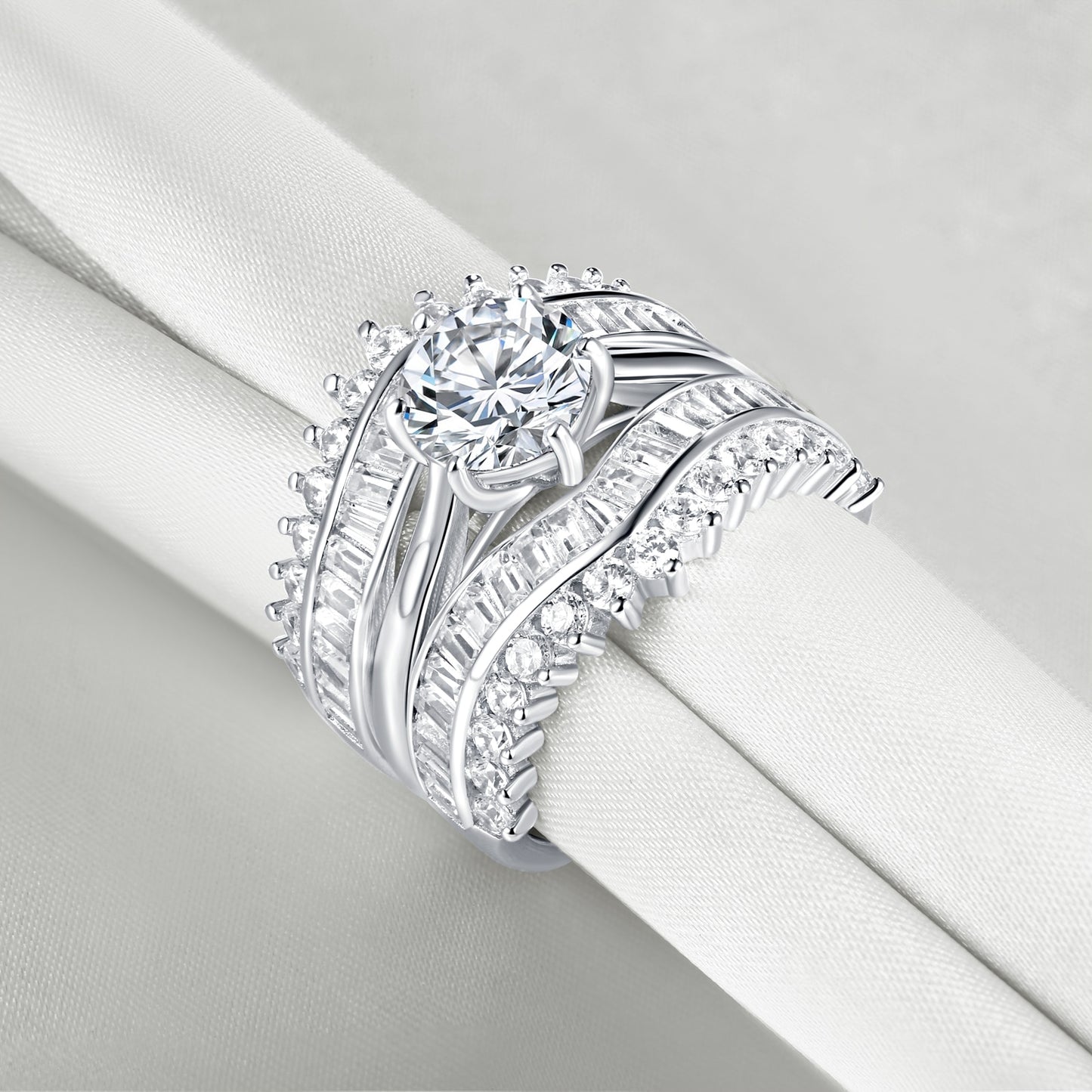 Diamond Silver Solitaire Round Cut Engagement Ring Set