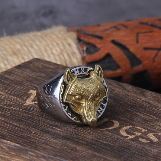 Vikings Jewelry Stainless Steel Viking Wolf ring rune never fades with wooden box for men gift