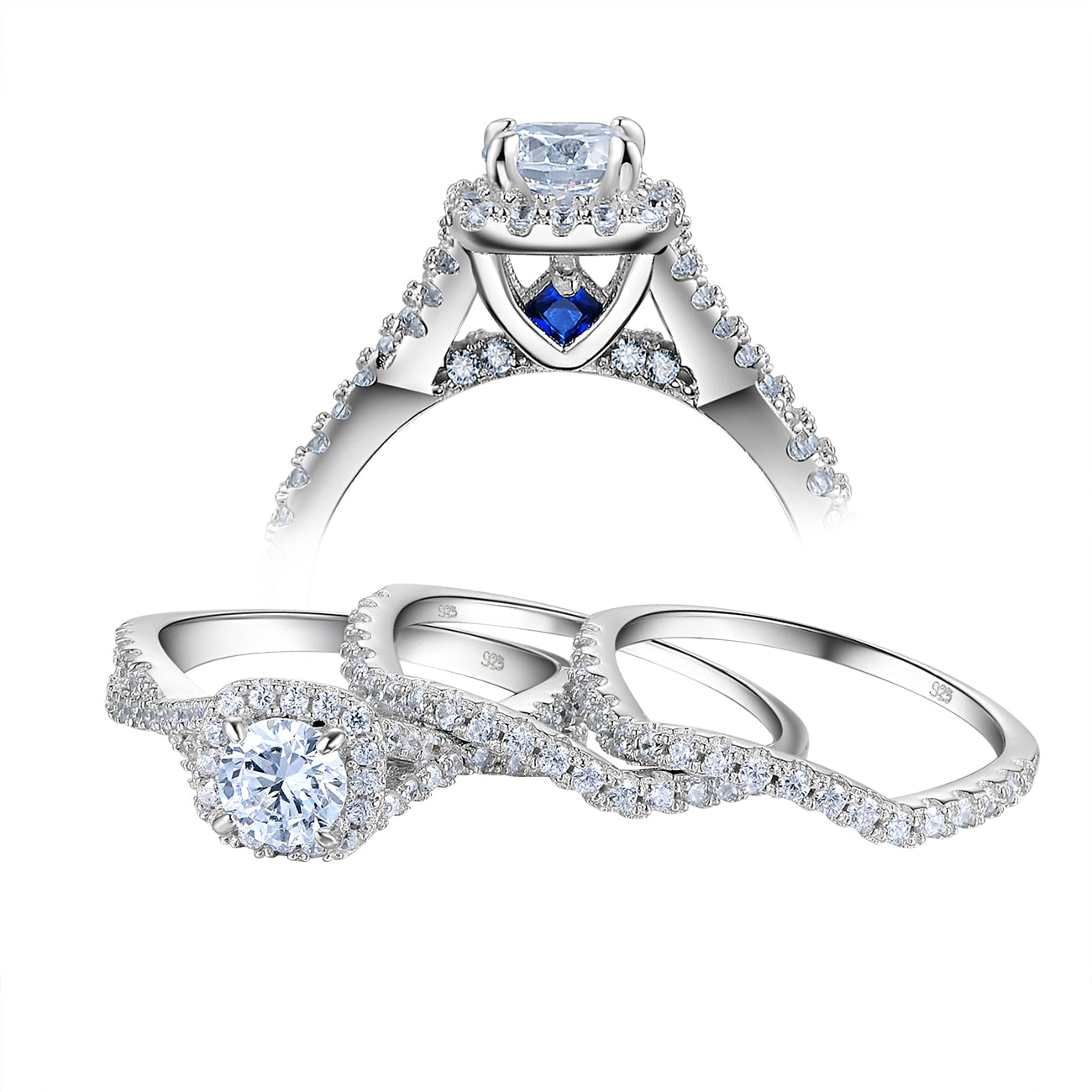 3 Pieces Engagement Ring Set for Women Solid 925 Sterling Silver Round Cut AAAAA CZ Blue Crystal Wedding Bands