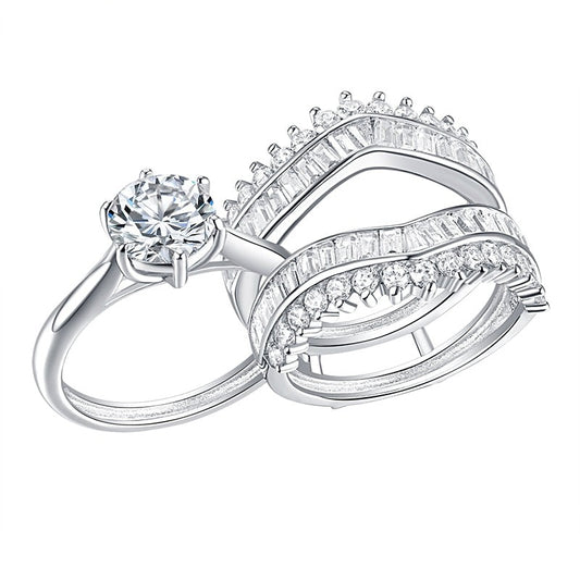 Diamond Silver Solitaire Round Cut Engagement Ring Set