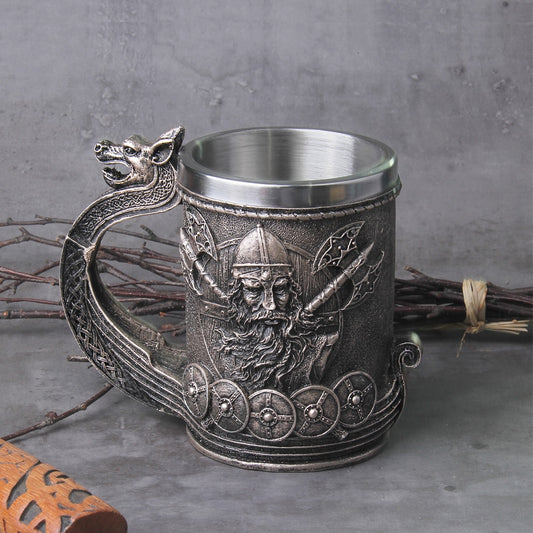 Viking Wood Style Beer Mug Simulation Viking Ship Dragon Drakkar Tankard Mug Nordic Beer Cup Large Size
