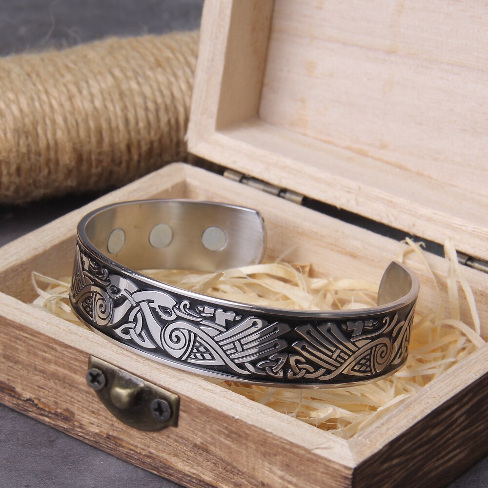 Handmade Nordic Viking Valknut Bangle Celtic Knot Never Fade with wooden box as a gift