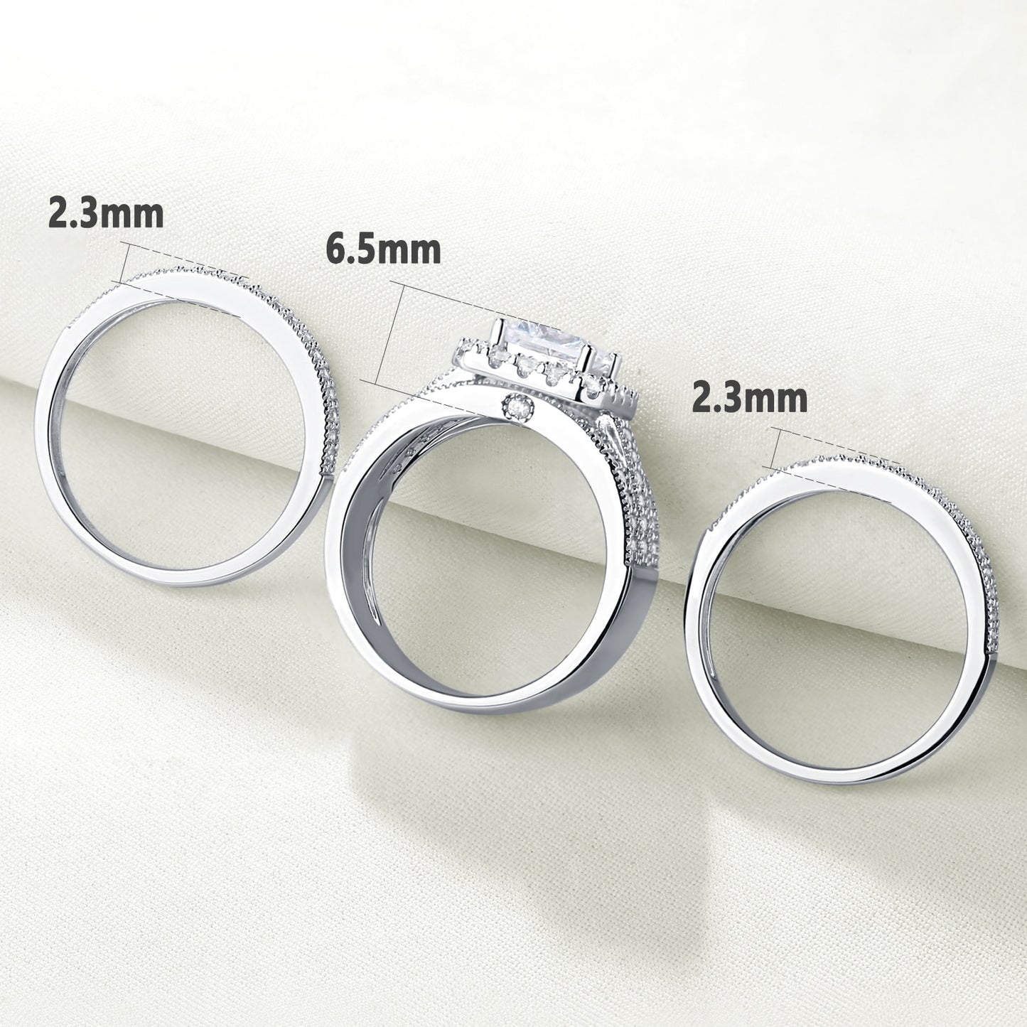 3 Pieces Engagement Rings For Women Solid 925 Silver Wedding Jewelry Halo Perfect Princess Cut Symmetrical AAAAA Zircons