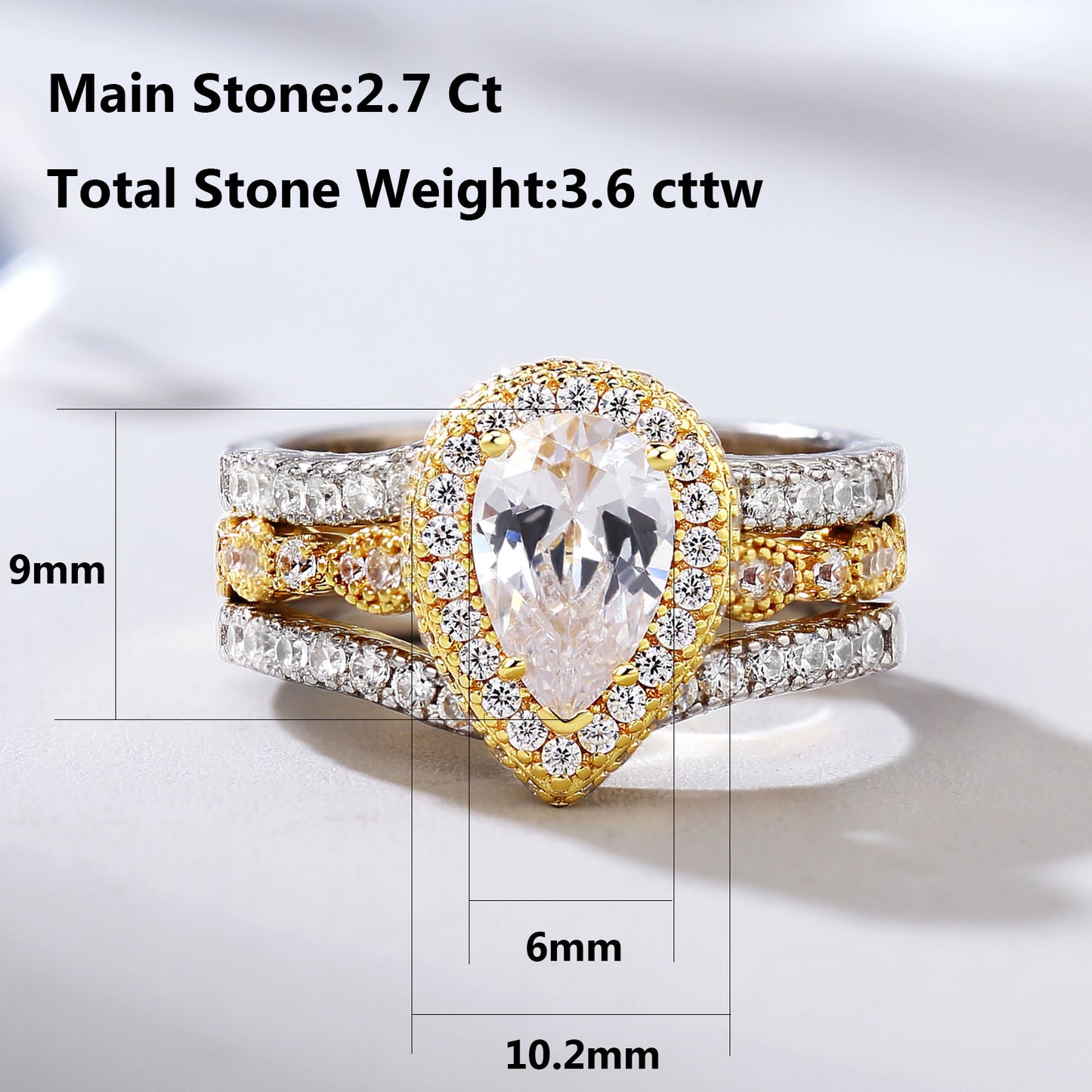 Yellow Rose Gold Engagement Ring Set 925 Sterling Silver Adjustable Enhancer Band Simulated Diamond CZ Romantic Jewelry