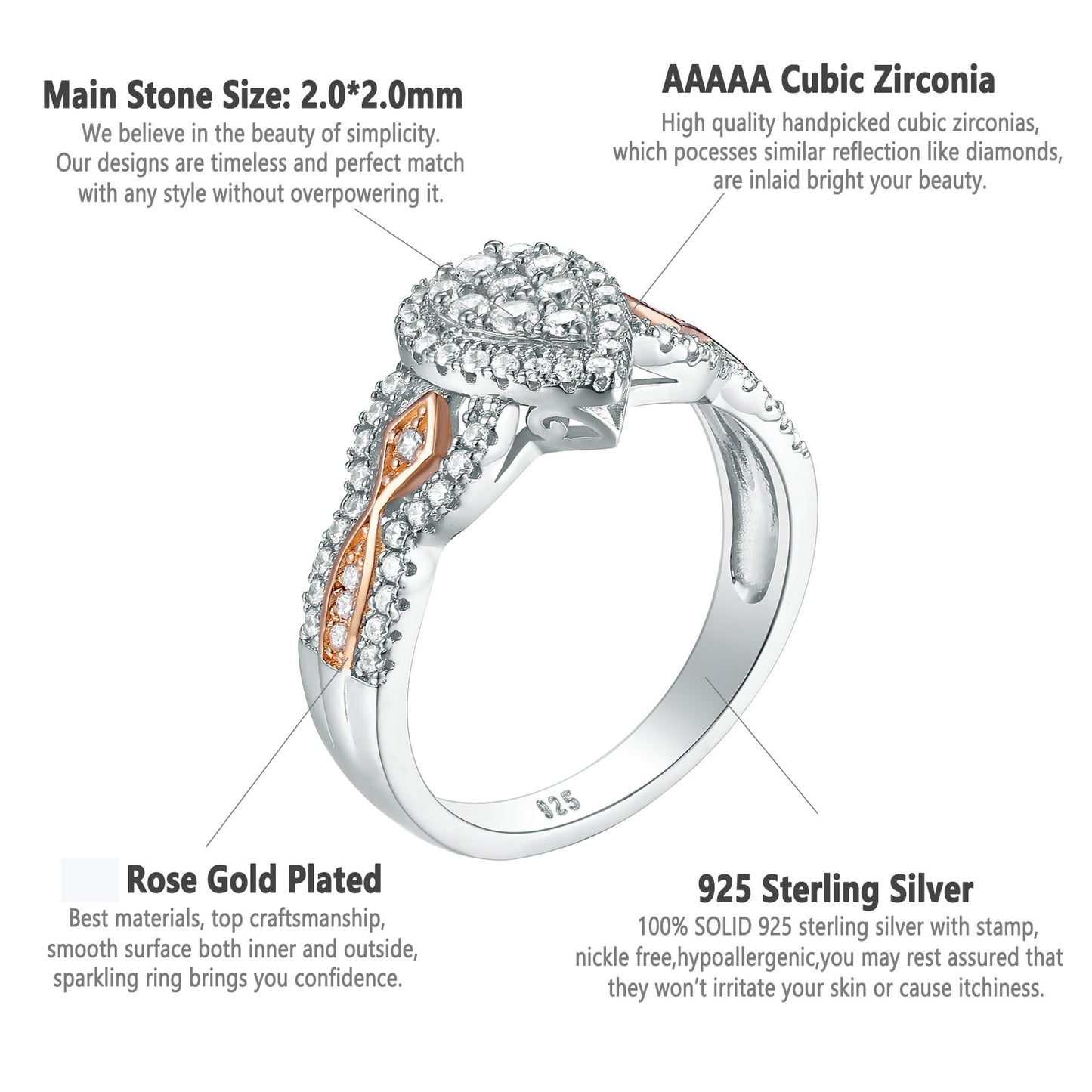 3 Pcs 925 Sterling Silver Wedding Rings for Women 1.3 Ct Double Pear Shape AAAAA CZ Engagement Ring Set
