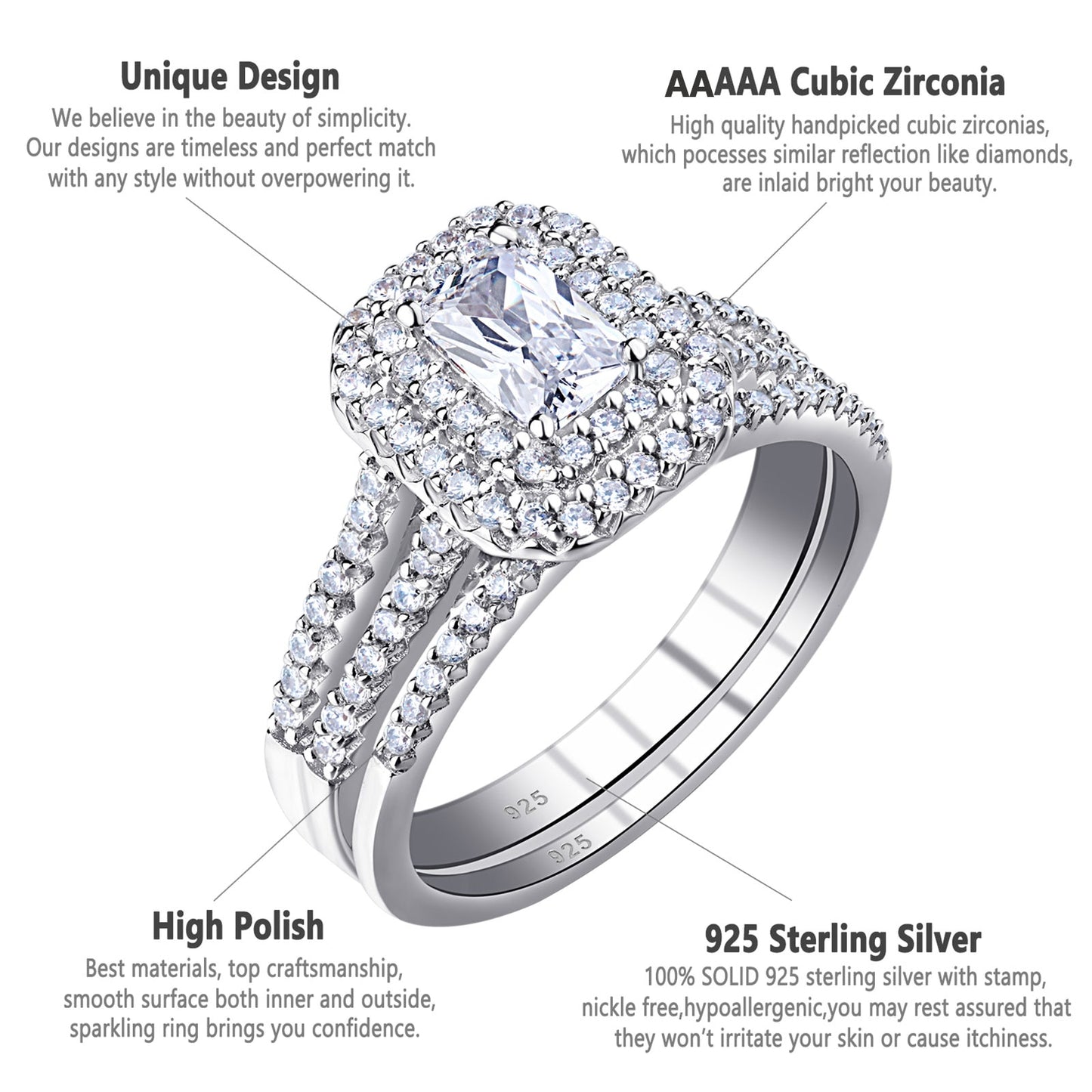 Solid 925 Silver Wedding Jewelry Double Halo Radiant Cut Engagement Bridal Rings for Women White AAAAA Cubic Zirconia