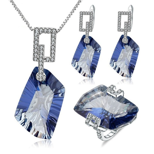 925 Sterling Silver Necklace Earrings Ring Set 63.59Ct Natural Iolite Blue Mystic Quartz Jewelry Set For Women